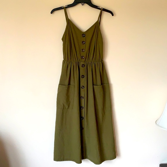 Dresses & Skirts - Olive Green V Neck 2 Pocket Spaghetti Strap Dress